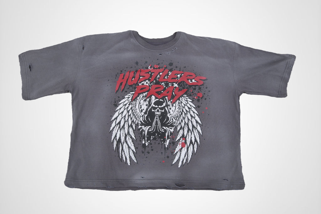 Hustlers Pray Graphic Heavyweight Distressed Tee